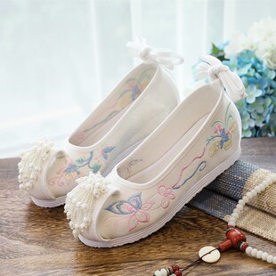 (Lian Die) New Han Dynasty Shoes with Heightening Embroidered Shoes Ancient Style Student Girls Single Shoes Cloth Shoes with Upturned Toe Ancient Costume Bow Shoes