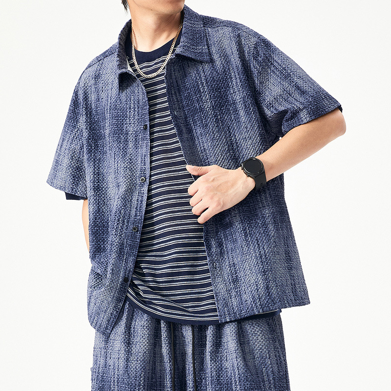 Plus Size Seersucker Shirt Men's American Casual Quick-Drying Breathable Short-Sleeve Jacket Cross-Border Foreign Trade Dropshipping