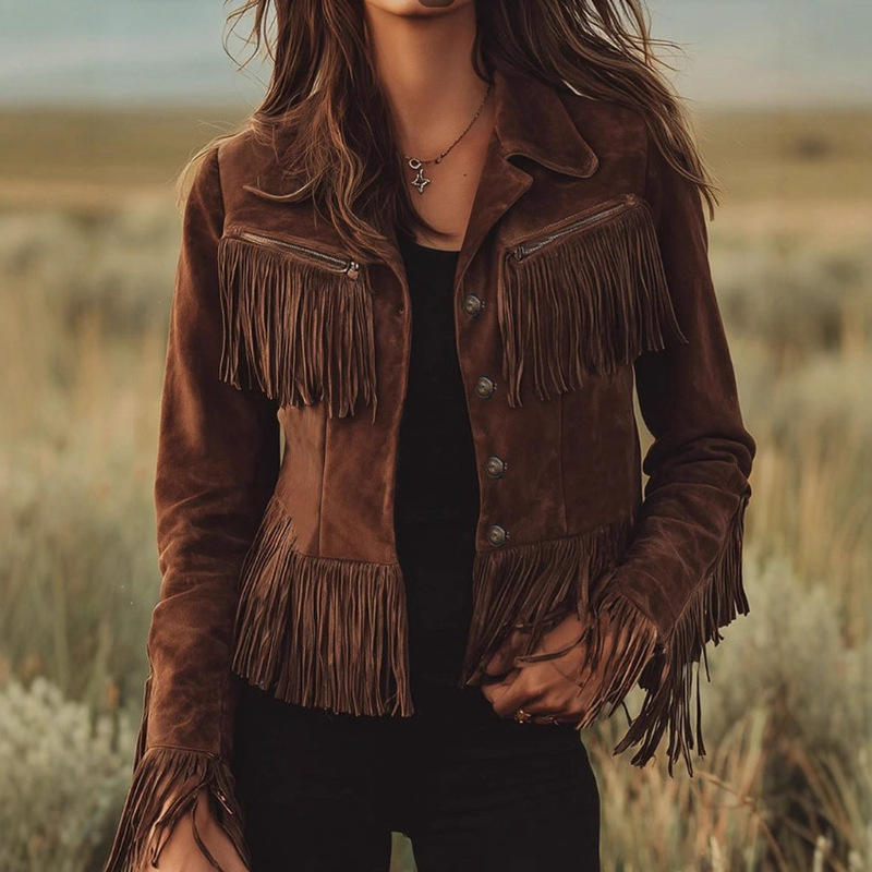 2026 New Cross-Border Style Tassel Suede Jacket, Solid Color, Short Slim-Fit Autumn and Winter Women's Coat with Tassels
