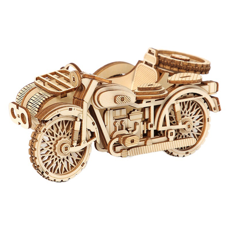 Transfronterizo nuevo 3D de madera rompecabezas tridimensional de tres ruedas motora juguetes educativos DIY adornos hechos a mano