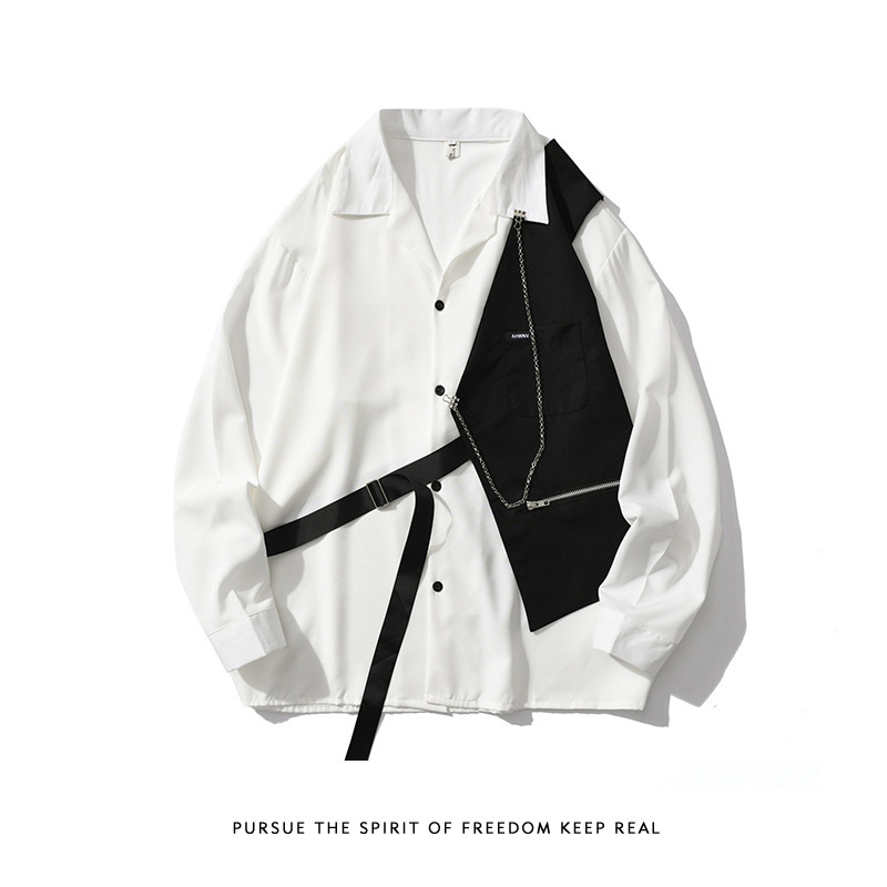 Personalized design vest versatile spring and autumn necklace white shirt long sleeve men's high street outer wear shirt ins shirt