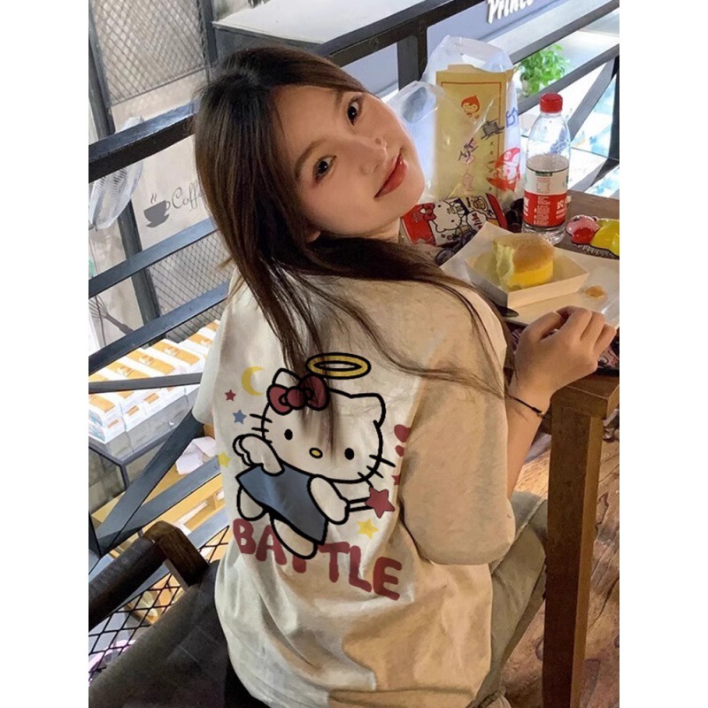 Women's cotton-containing American-style children's funny Hello Kitty printed short-sleeved T-shirt summer loose slimming cute design top ins