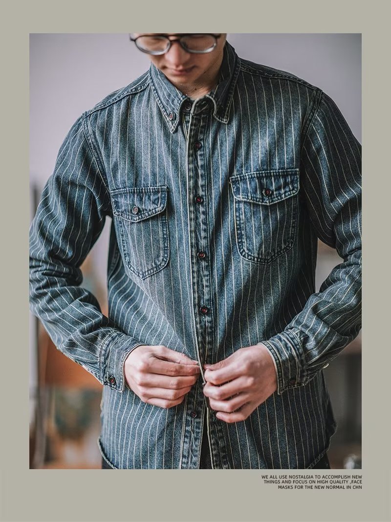 Herren Denim Hemd Japanischer Retro Style Langarm Gestreift_voghion.com