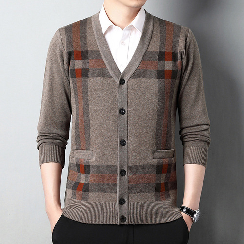 Men's 2024 New Knit Sweater Fashion Korean Version Mid-Age Thick Warm Father's Day Long-Sleeve Top V-Neck Sweater