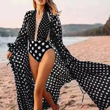 歐美波西米亞海邊度假開衫比基尼套裝波點沙灘雪紡罩衫泳裝女連體