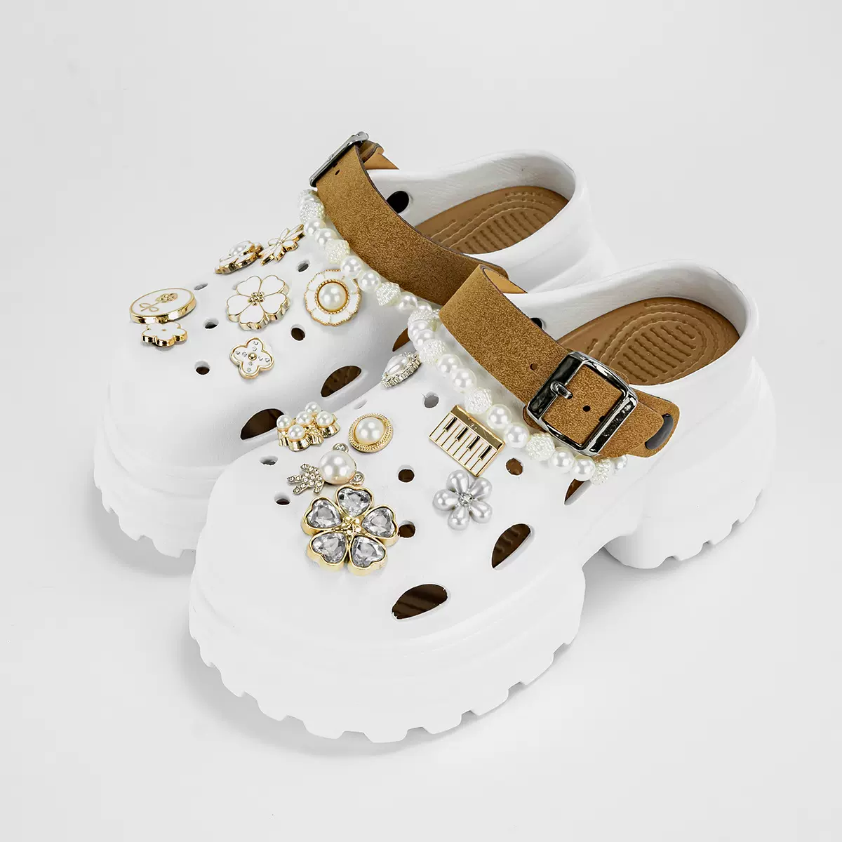 新款珍珠链白花增高10cm时尚百搭包头eva洞洞鞋女外穿厚底防滑凉
