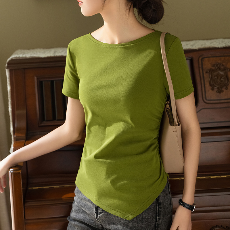 Camiseta de manga corta blanca para mujer 2023 Ropa de mujer Nueva elegante Camiseta de algodón fuera del hombro irregular dobladillo plisado superior