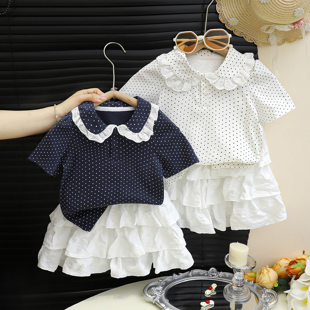 Niñas trajes de verano nuevo polo polo punto ondulado con solapa mangas cortas pastel vestido de niña ropa de bebé de verano ropa infantil