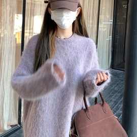 韩版水貂绒圆领套头中长款毛衣女秋冬季软糯加厚外穿水貂毛针织衫