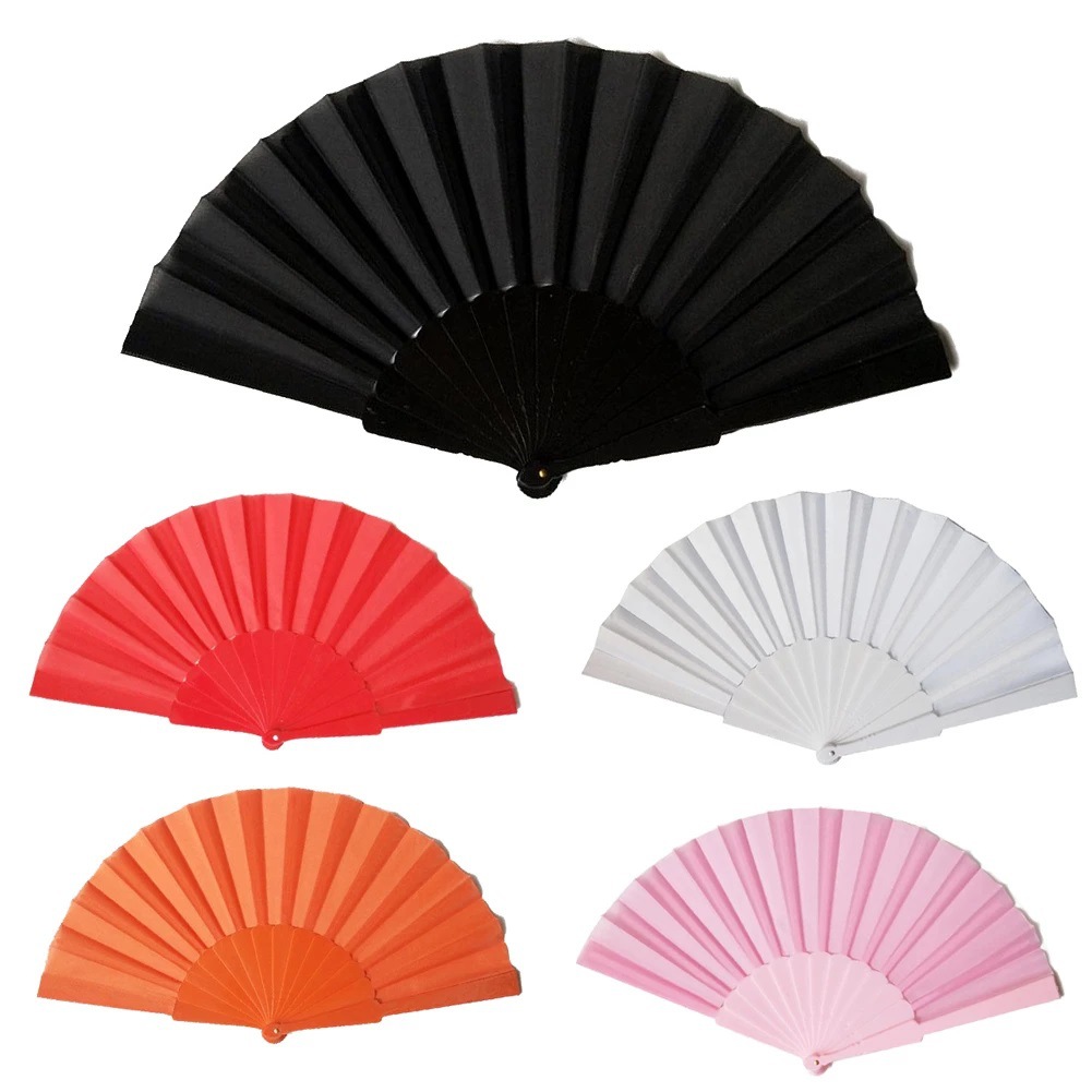 Ventilador plegable de plástico multicolor en stock 13 colores opcionales de tela Oxford fácil de abrir y cerrar ventilador plegable de baile cuadrado