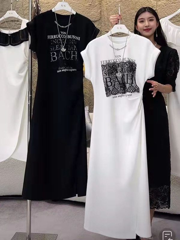 European Fashion Printed Round Neck T-Shirt Long Skirt Women's Summer New Pleated Design Elegant Waist Slimming Look Dress