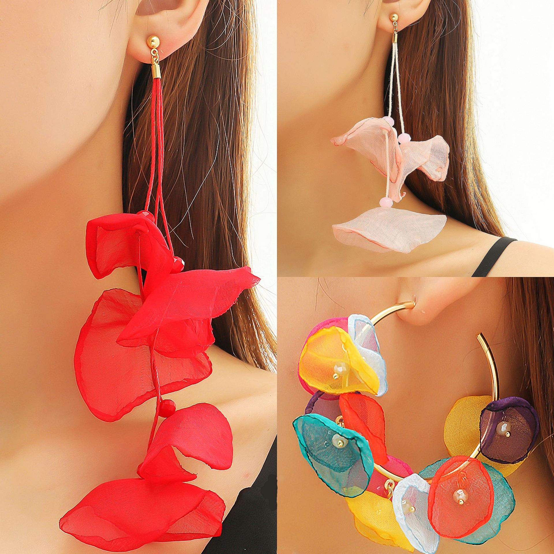 exaggerated flower tassel long earrings Personalized earrings Long fabric earrings Temperament flower earrings_voghion.com