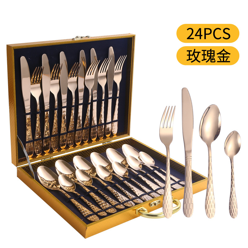 Cuchilleras de acero inoxidable 24 piezas de restaurante de hotel cuchillo y tenedor cucharas conjuntos conjuntos de caja de regalo de serie de cubo de agua transfronteriza