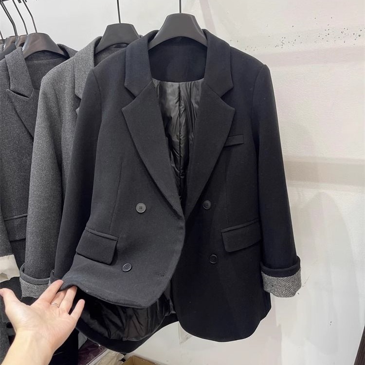 2025 New Korean Style Inner Cotton-Padded Blazer Down Jacket For Women Winter Small Size Rolled Sleeve Elegant Wool Coat_ecoleips.com