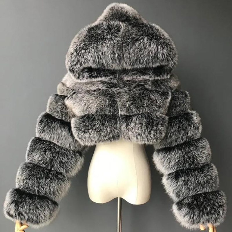 Cross-Border European and American Short Hooded Fur Jacket Imitation Fox Fur Long-Sleeved Fur Splicing Autumn and Winter New Warm Top