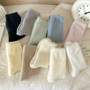 Solid color mink velvet socks women's mid-calf socks thickened warm confinement socks autumn and winter loose mouth home leisure sleep socks