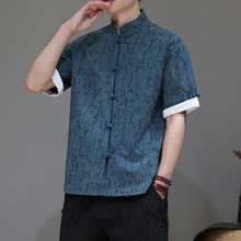 中国风男装提花棉麻短袖t恤男夏季复古居士服新中式唐装亚麻禅服