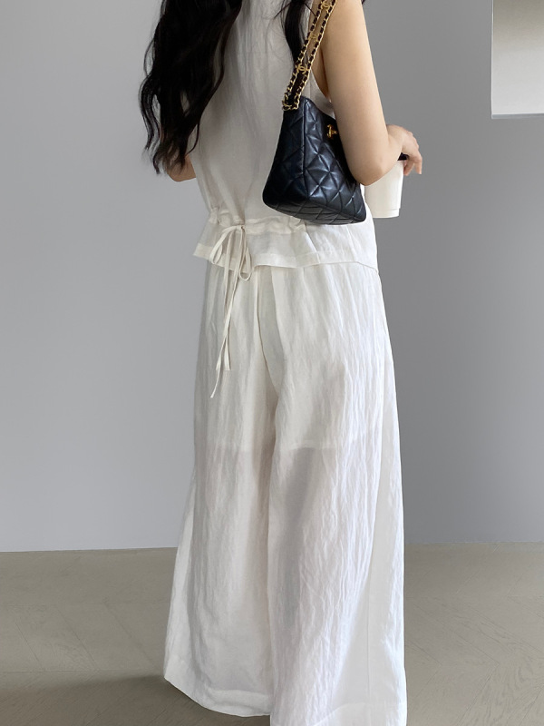 江左 老钱風 レディース 夏 高級感 リネンベストセット 女性用 夏 ワイドレッグパンツ ツーピースセット 8831|undefined