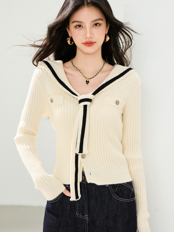 Real Shot of Navy Collar Long-Sleeved Sweater Women's Autumn New Design College Style Sweater Top