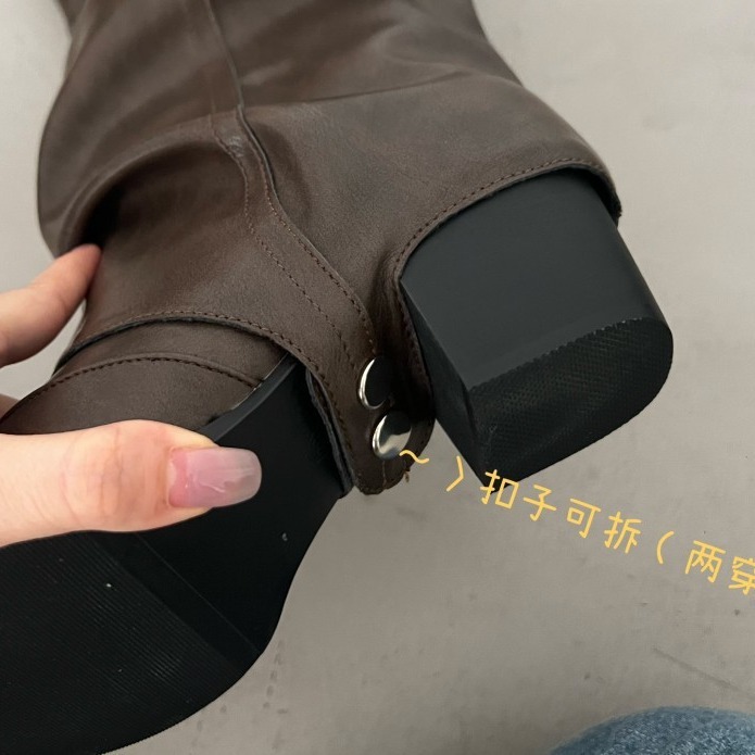 Folded Heap Boots Women's Western Boots Thick Heel but Knee Belt Buckle Pants Boots