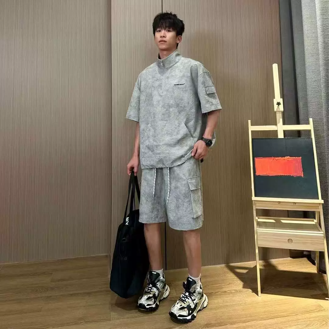 休闲运动扎染短袖短裤套装男夏季2025新款潮流痞帅工装情侣两件套