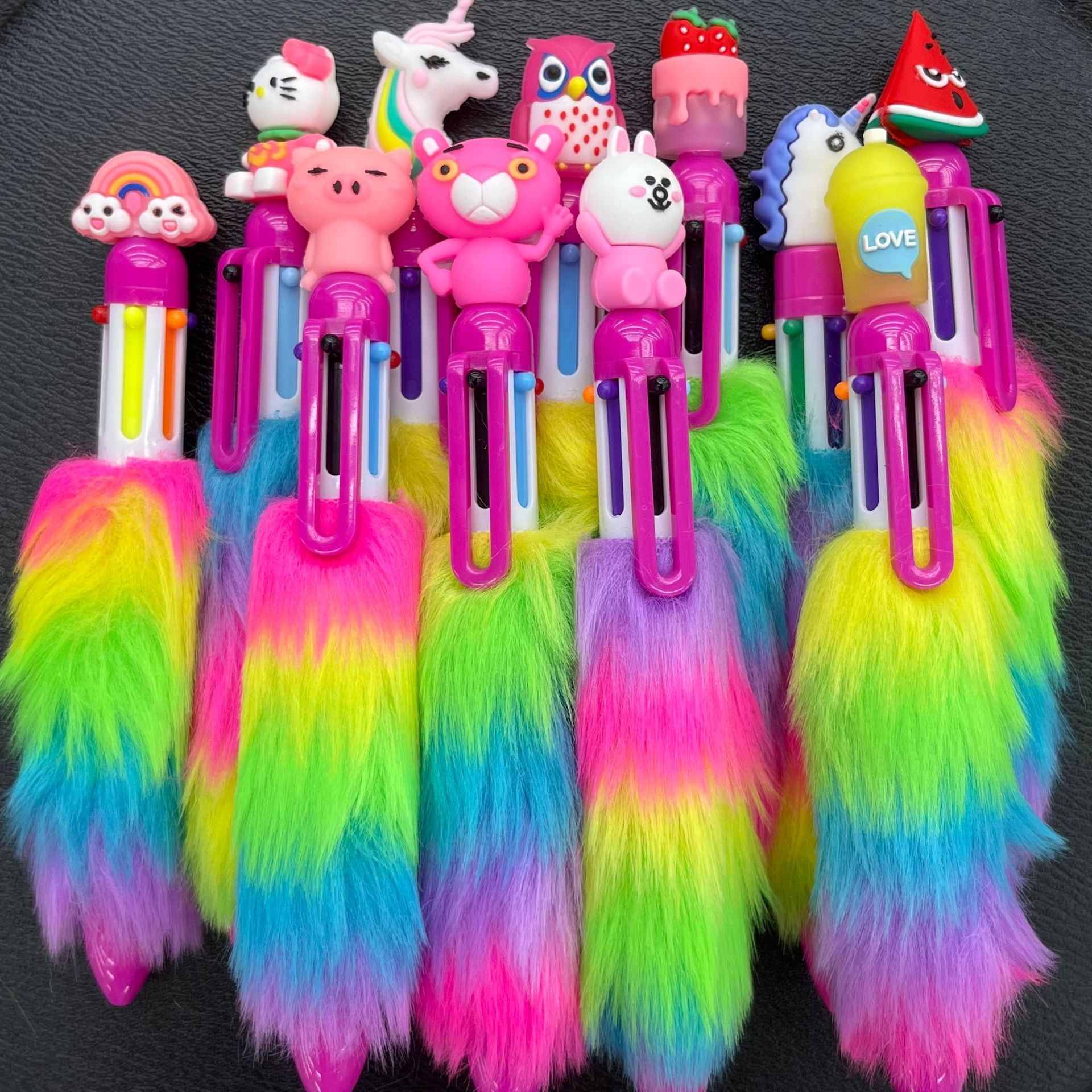 Creative six-color ballpoint pen, rainbow hair, girlish heart, good-looking student stationery, cartoon three-dimensional head plush pen wholesale