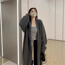 针织衫开衫大衣灰色中长款过膝毛衣外套女春秋冬季慵懒风加厚百搭