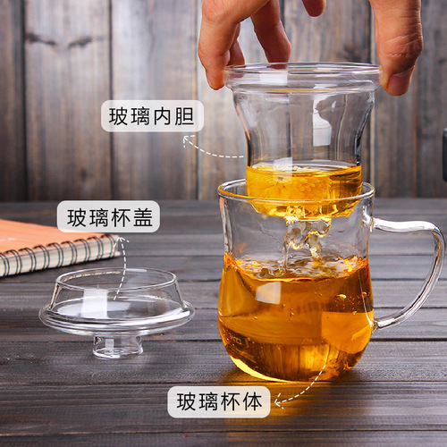 Tea cup glass three-piece set flower tea cup home heat-resistant office tea with handle filter cup LOGO wholesale