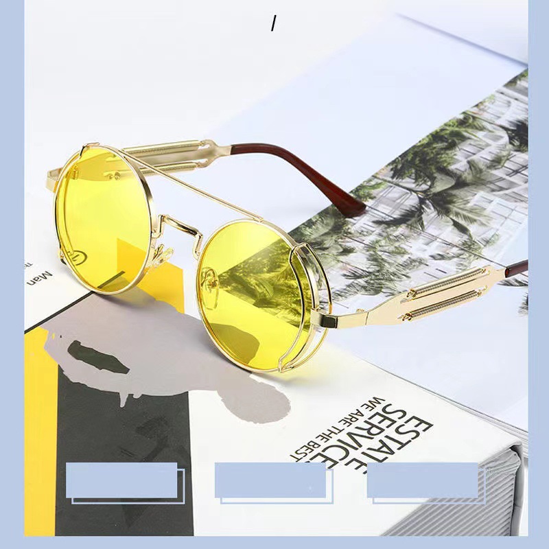 朋克太陽眼鏡歐美新款小圓鏡蒸汽朋克系列金屬彈簧腿個性時尚墨鏡