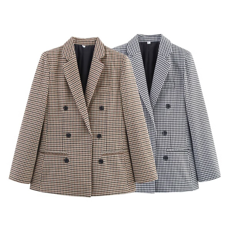 Cross-Border Wholesale Women's New Style Casual Loose Double-Breasted Houndstooth Long-Sleeved Blazer Cross-Border Wholesale Women's New Style Casual Loose Double-Breasted Houndstooth Long-Sleeved Blazer