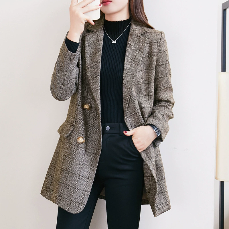 671 # пиджак женская осенне-зимняя одежда больших размеров пухлая девушка свободный стройнящий шерстяной клетчатый повседневный костюм Топ