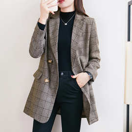 671#西装外套女秋冬装大码胖mm宽松显瘦毛呢格子休闲西服上衣