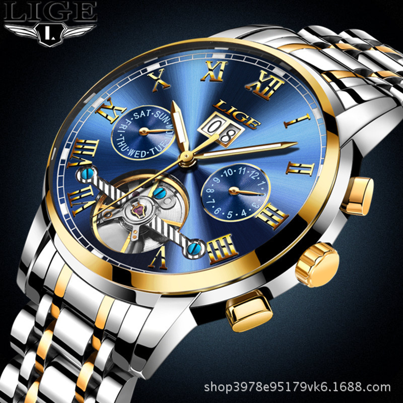 LIGE 9813 caliente-venta hueco transparente Tourbillon multifunción reloj mecánico automático correa de acero reloj de hombre