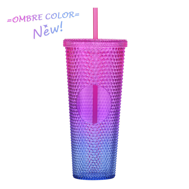 二層プラスチックストローカップ大容量クリエイティブ 710 ミリリットルドリアンカップハンドカップ発光変色レインボーグラデーションカップ|undefined