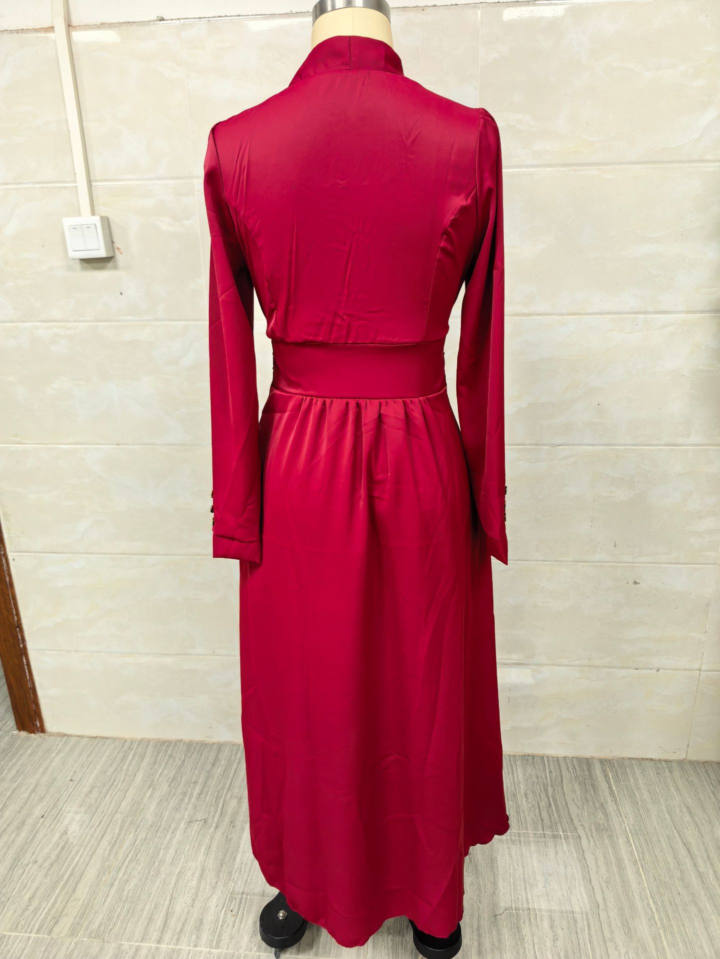 Elegant Waist Cinching V Neck Puff Sleeve Dress Full Skirt Women's Clothing_ecoleips.com
