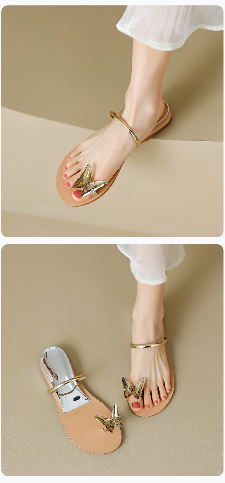 Open Toe Sandals For Women Summer New Fashion Butterfly Rhinestone One Line Flat Slippers With Clip Large Size_voghion.com
