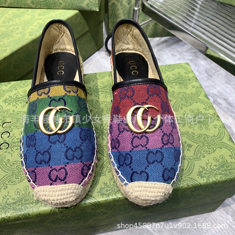 Comercio exterior transfronterizo G bordado estándar estampado zapatos de pescador 2025 suela de goma tejida boca poco profunda zapatos casuales de un solo pedal