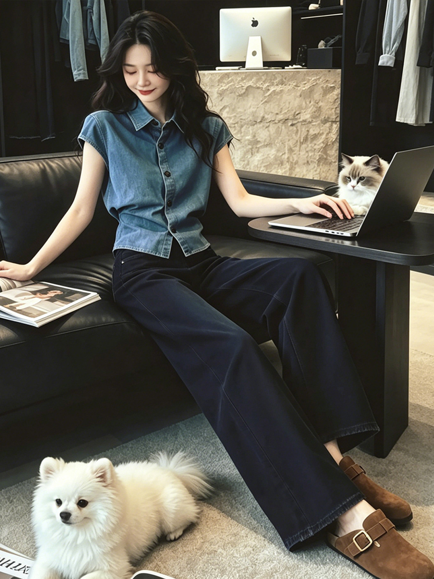 Áo sơ mi nữ cổ lật xanh denim tay bèo nhỏ eo thon — màu xanh nhạt