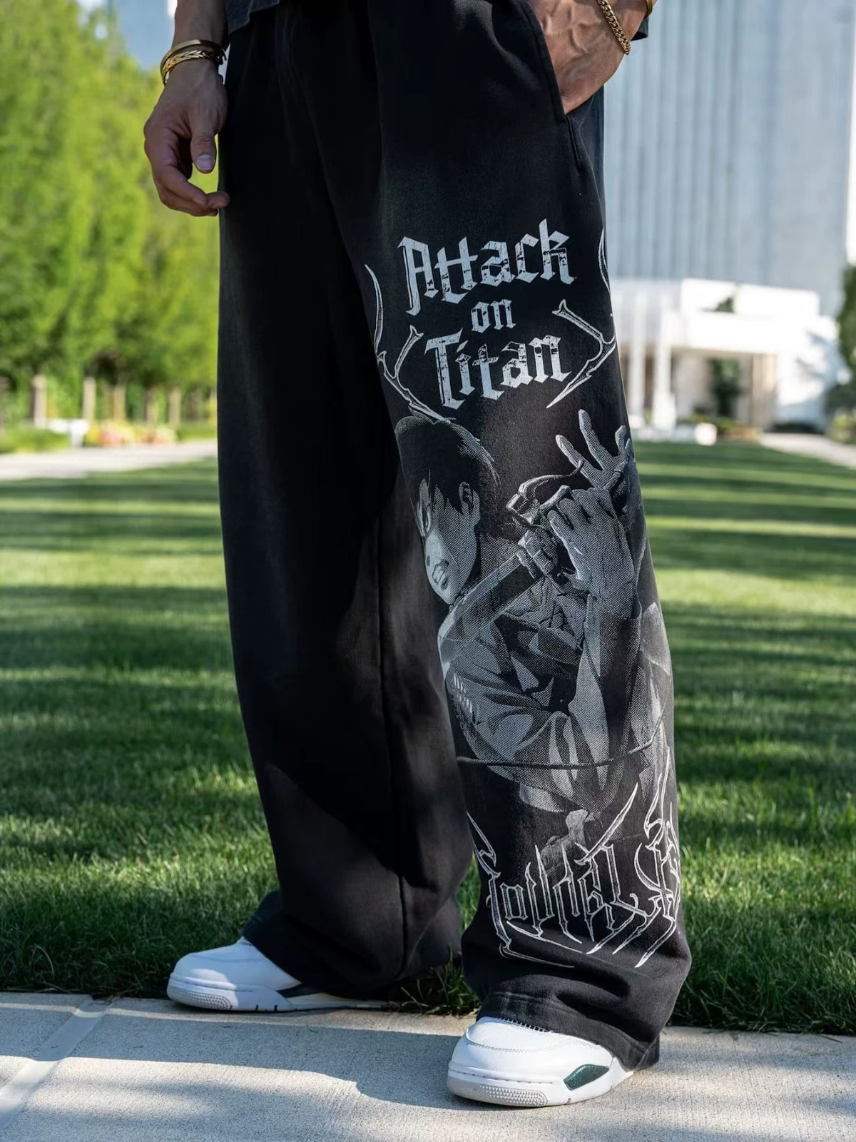 Американский Youngla совместный аниме Attack on Titan jogging runner хлопковое кружевное принт широкие брюки — сзади