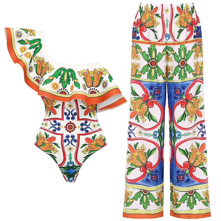 Women's Glam Retro French Style Digital Printing Asymmetrical Ruched One Piece Swimwear display picture 5