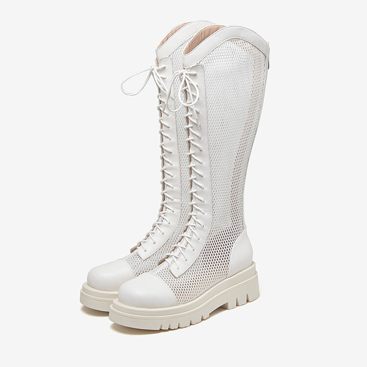 Boot lưới da thật cổ cao đế dày thoáng khí mùa xuân hè phong cách kỵ sĩ buộc dây — Màu nâu ống lớn, Màu đen cổ ống lớn, Ống nhỏ màu đen, Ống nhỏ màu be chi tiết 75