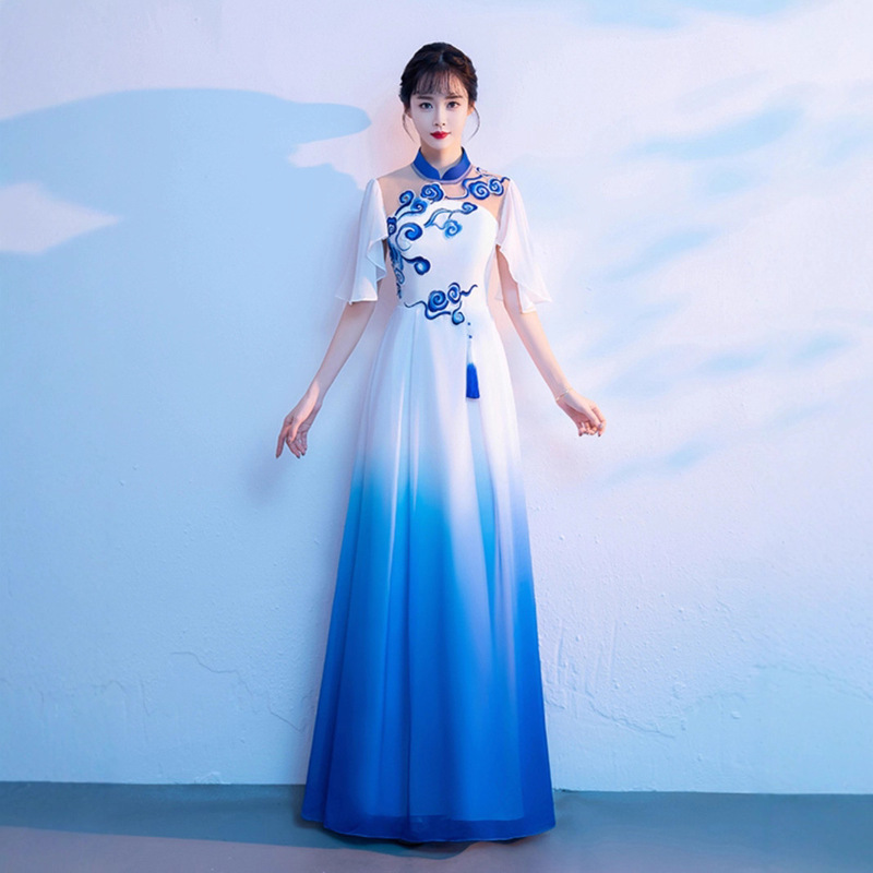 Chinese Style Chorus Dress Long Skirt Female Choir Performance Dress Poetry Recitation Dress Host Conductor Dress Slim Fit Chinese Style Chorus Dress Long Skirt Female Choir Performance Dress Poetry Recitation Dress Host Conductor Dress Slim Fit