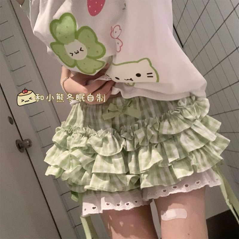 ツーピーススーツ 和風 かわいい 四つ葉のクローバー コントラストカラー オフショルダー 半袖トップス 夏 レースパンツ付き|undefined