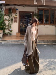 度假风套装飘带吊带背心长袖针织开衫外套女早秋休闲阔腿裤三件套