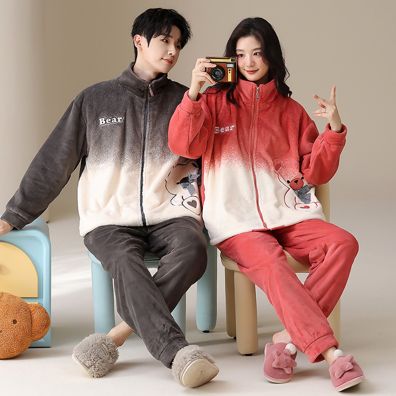 Coral vello pareja pijama de invierno para mujeres 2025 nuevo vello con cremallera gruesa se puede usar ropa de franela masculina
