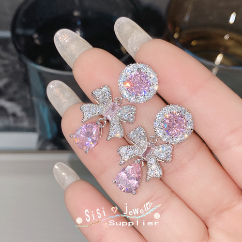 SIsi high-end micro-paved zirconium 925 silver needle bow earrings gold-plated love niche cute earrings