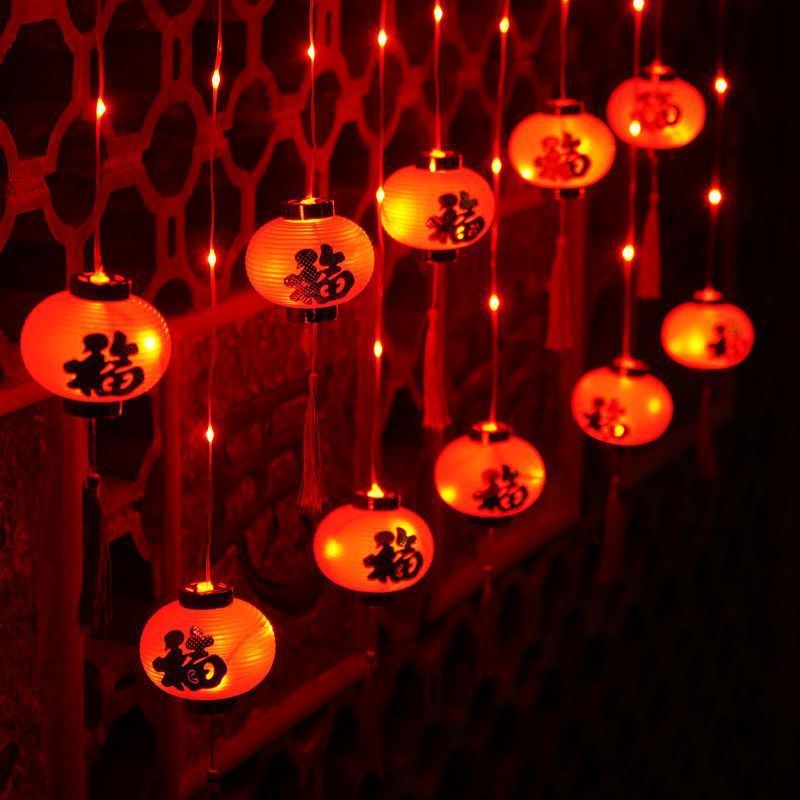新年の装飾 LED カラフルなストリングライト祝福タッセル赤い提灯新年春祭り家の庭の装飾小さな提灯|undefined