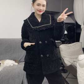 冬季法兰绒小香风睡衣套装女棉袄泰迪绒三层加厚夹棉可外穿家居服