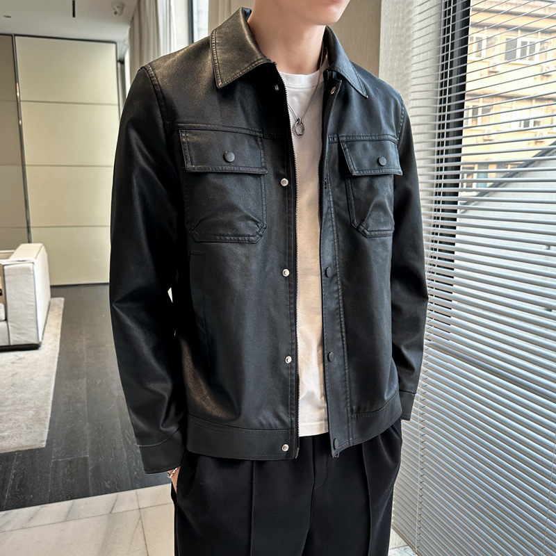 春秋款跨境高品质皮衣男新款韩版时尚翻领修身PU皮夹克青年外套