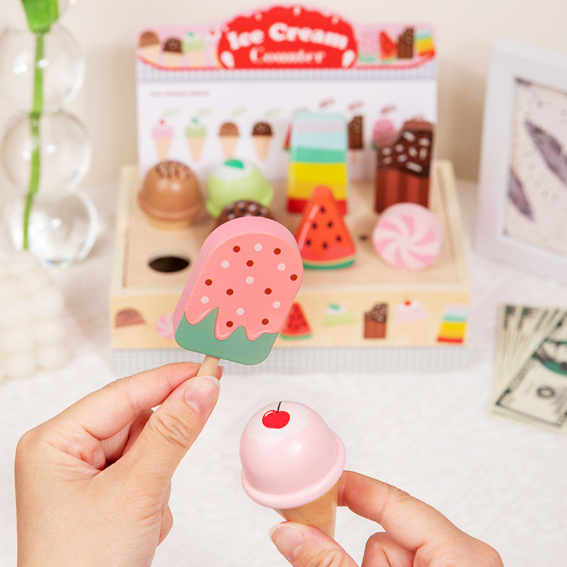 Juguetes transfronterizos CE/CPC simulación de madera juegos para niños mostrador de helados de juguete helado cono paleta 3